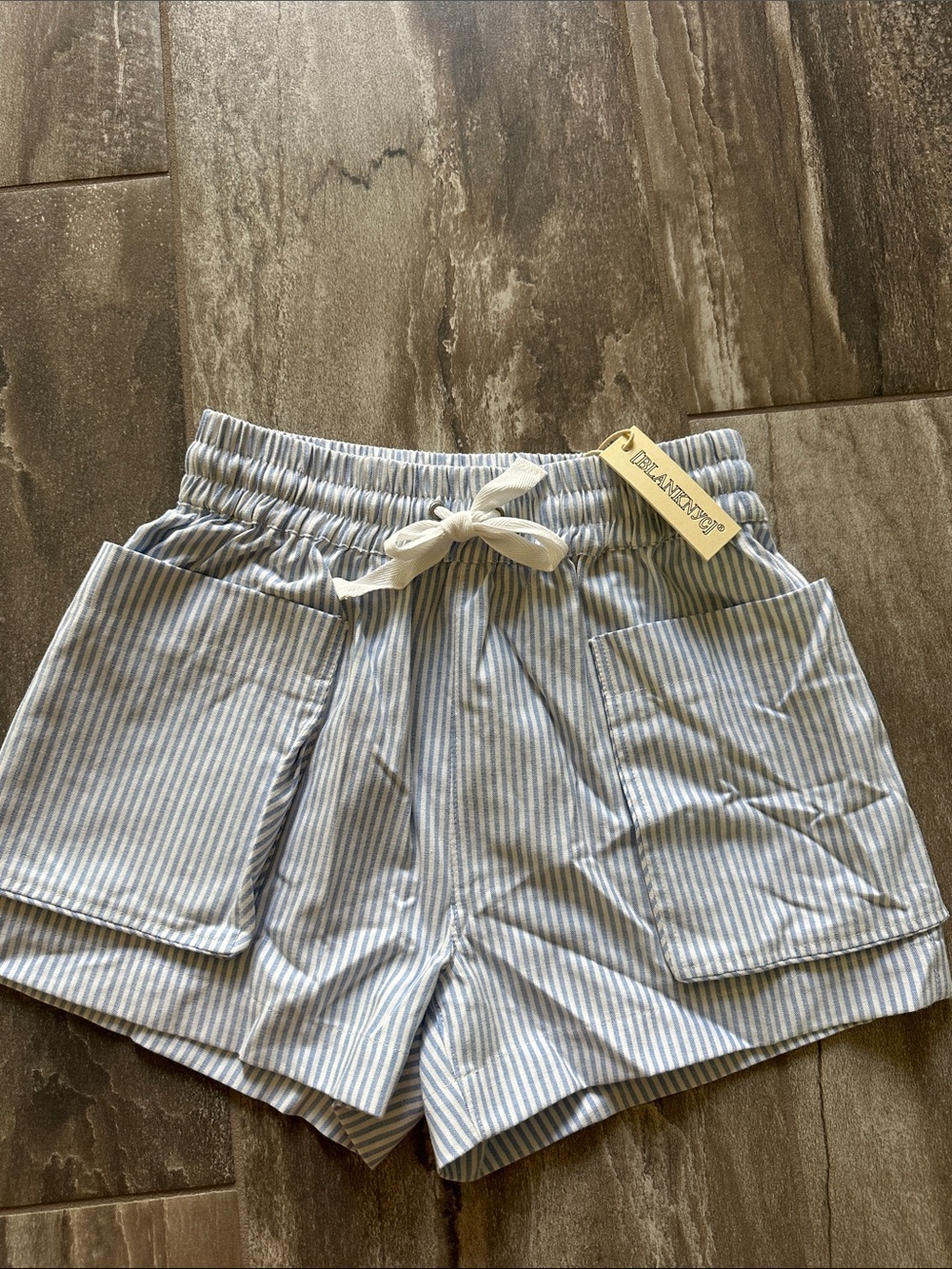 Blank NYC Light Blue & White Striped Drawstring Shorts